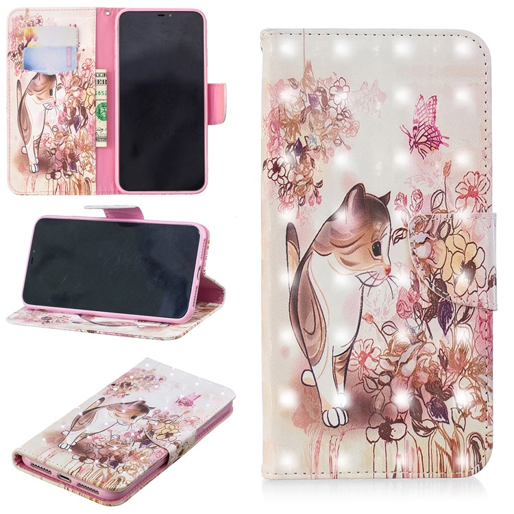 

Pattern Printing Light Spot Decor Leather Stand Case with Card Slots for iPhone XS Max 6.5 inch - Cat and Flowers, iPhone XS Max 6.5 inch