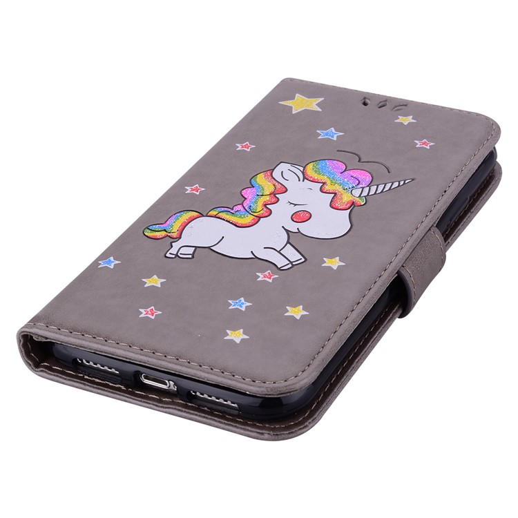 Flash Powder Unicorn Imprint Flower Leather Wallet Case for iPhone XS 5.8 inch - Grey-5