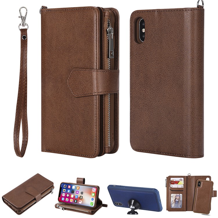 Detachable 2-in-1 TPU Case + Zipper Wallet Stand Leather Portable Casing for iPhone XS / X 5.8 inch - Brown-1