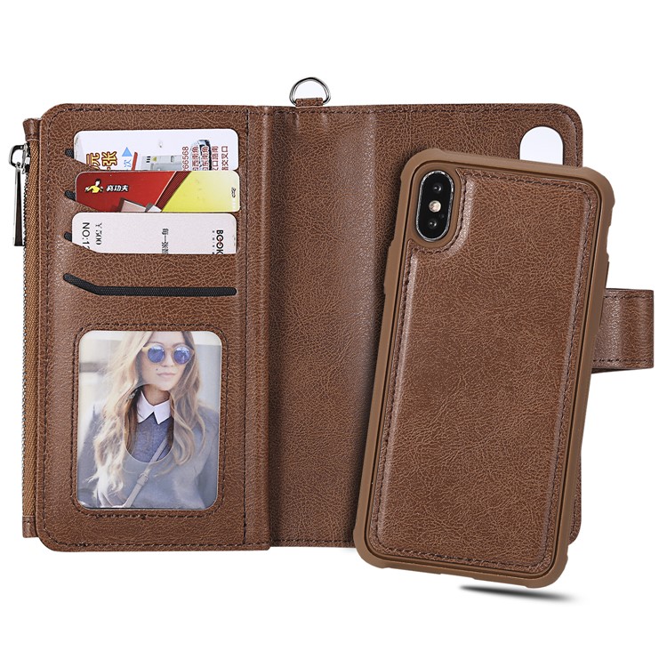Detachable 2-in-1 TPU Case + Zipper Wallet Stand Leather Portable Casing for iPhone XS / X 5.8 inch - Brown-11