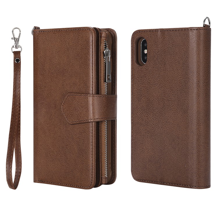Detachable 2-in-1 TPU Case + Zipper Wallet Stand Leather Portable Casing for iPhone XS / X 5.8 inch - Brown-2
