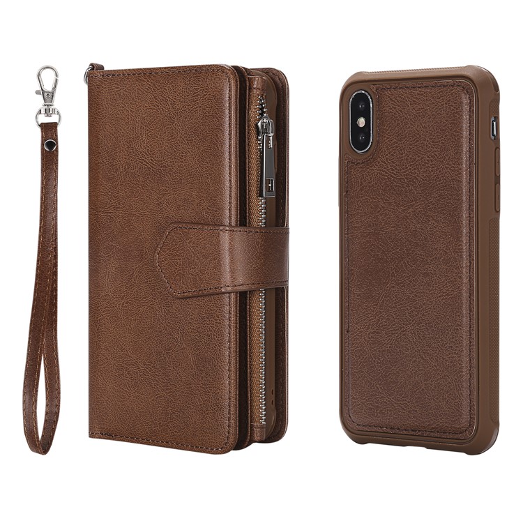 Detachable 2-in-1 TPU Case + Zipper Wallet Stand Leather Portable Casing for iPhone XS / X 5.8 inch - Brown-3