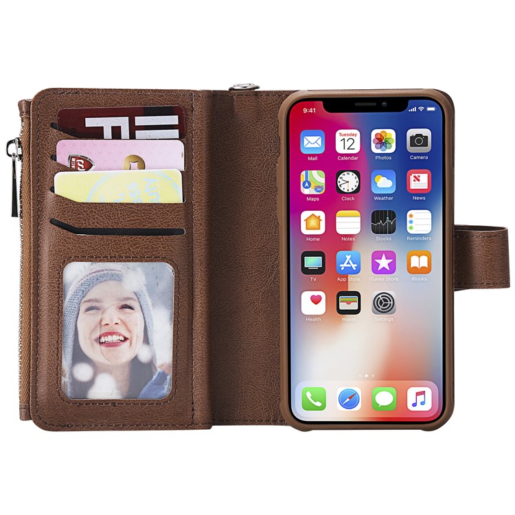 Detachable 2-in-1 TPU Case + Zipper Wallet Stand Leather Portable Casing for iPhone XS / X 5.8 inch - Brown-6