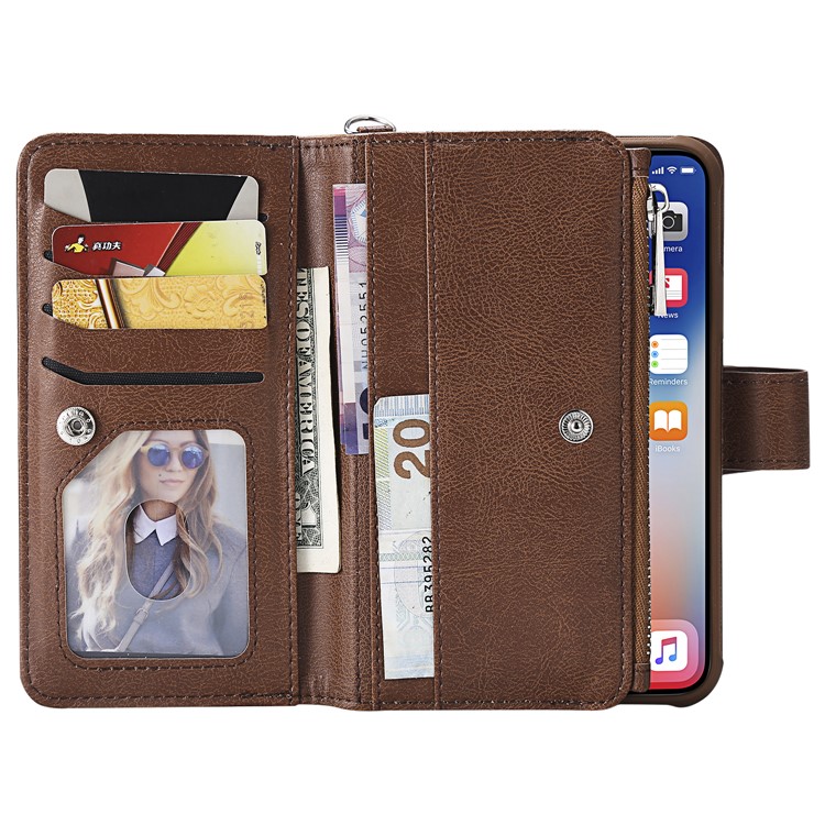 Detachable 2-in-1 TPU Case + Zipper Wallet Stand Leather Portable Casing for iPhone XS / X 5.8 inch - Brown-7
