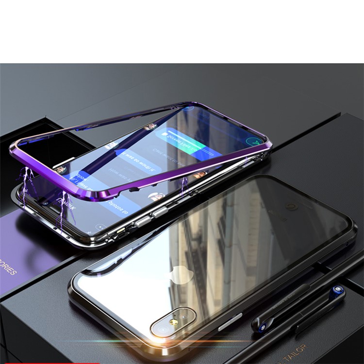 Magnetic Attraction Metal Frame + Tempered Glass Back Case for iPhone XS / X 5.8 inch - Purple-1