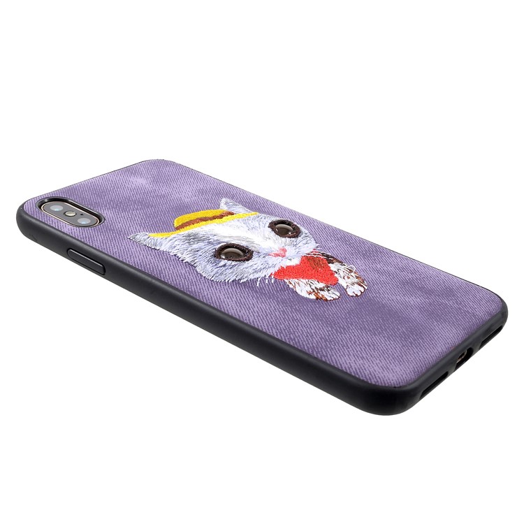 MUTURAL Embroidery PU Leather Coated Plastic Mobile Phone Cover for iPhone XS Max 6.5 inch - Purple / Cute Cat-4