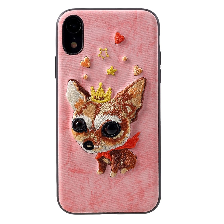 

MUTURAL 3D Embroidery PU Leather Coated Plastic Protective Cover for iPhone XR 6.1 inch - Dog and Crown, iPhone XR 6.1 inch