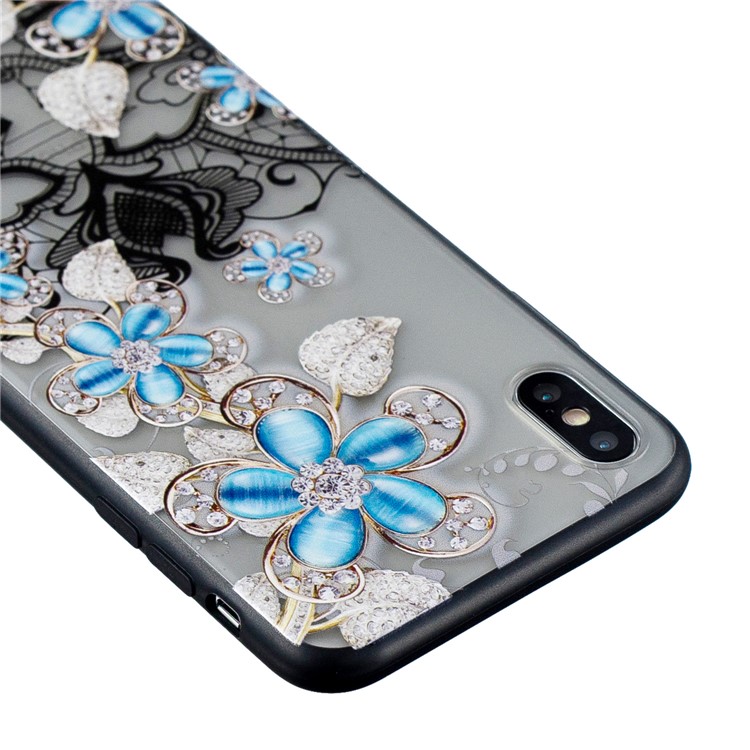 Lace 3D Rhinestone Decor PC TPU Hybrid Cellphone Case for iPhone XS / X 5.8 inch - Blue Flower-3