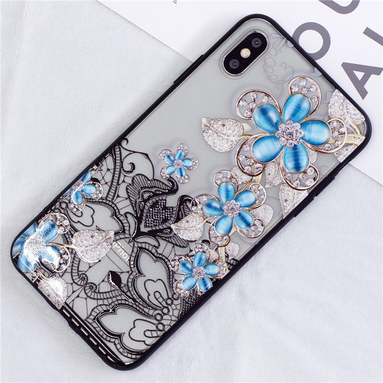 Lace 3D Rhinestone Decor PC TPU Hybrid Cellphone Case for iPhone XS / X 5.8 inch - Blue Flower-4