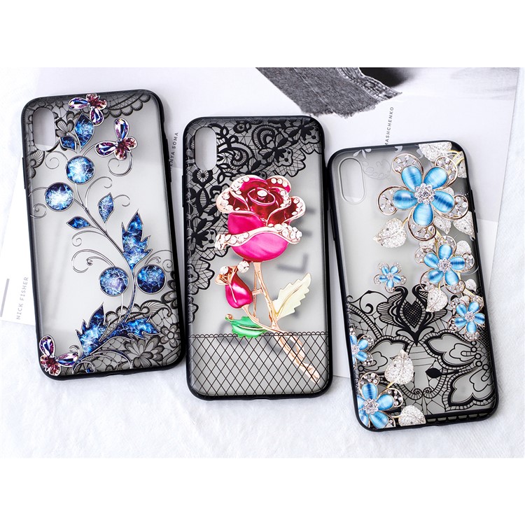 Lace 3D Rhinestone Decor PC TPU Hybrid Cellphone Case for iPhone XS / X 5.8 inch - Blue Flower-5