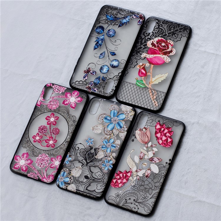 Lace 3D Rhinestone Decor PC TPU Hybrid Cellphone Case for iPhone XS / X 5.8 inch - Blue Flower-6