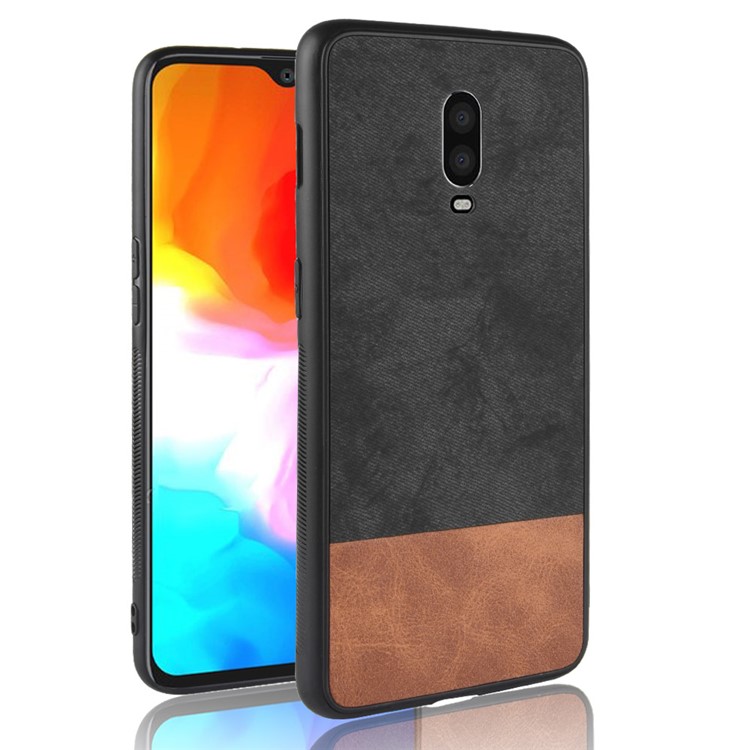 [Bi-color Splicing] PU Leather Coated PC + TPU Hybrid Phone Case for OnePlus 6T - Black-1