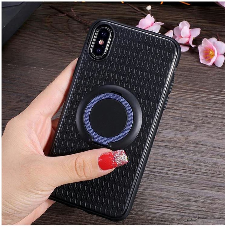 

IFACE MALL Finger Ring TPU Kickstand Shell for iPhone XS/X (Built-in Magnetic Metal Sheet) - Dark Blue, iPhone Xs