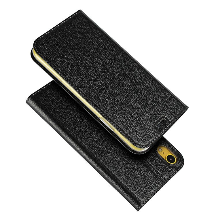 Litchi Skin Auto-absorbed Genuine Leather Card Holder Cellphone Case for iPhone XR 6.1 inch - Black-2