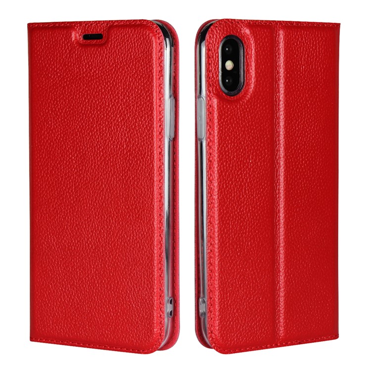 

Litchi Skin Auto-absorbed Genuine Leather Protection Phone Cover for iPhone X 5.8 inch - Red, iPhone X