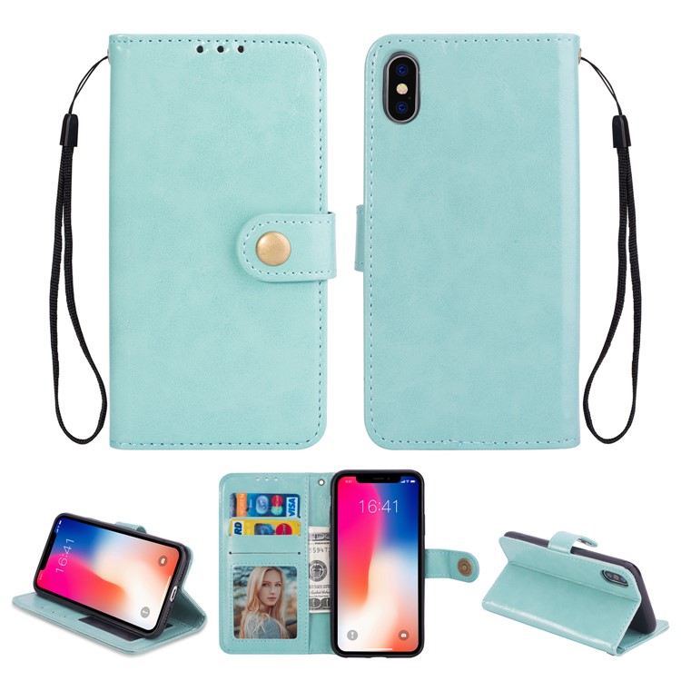 

For iPhone XS 5.8 inch [Oil Buffed] Solid Color Leather Phone Casing [with Strap] - Cyan, iPhone Xs