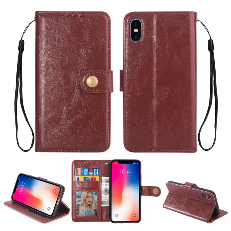 

For iPhone XS 5.8 inch [Oil Buffed] Solid Color Leather Mobile Shell [with Strap] - Brown, iPhone Xs