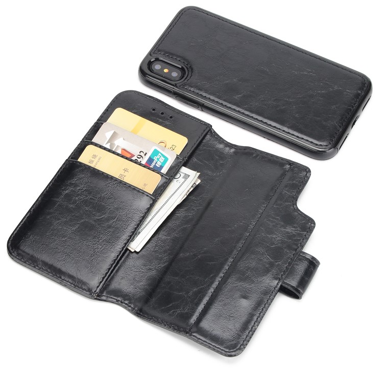 2-in-1 Detachable Oil Buffed Leather Wallet Case Stand for iPhone XS Max 6.5 inch - Black-5