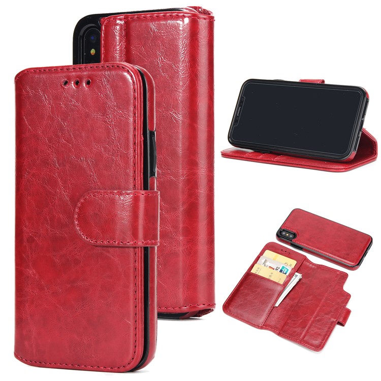 

2-in-1 Detachable Wallet Shell Oil Buffed Leather Stand Case for iPhone XS/X - Wine Red