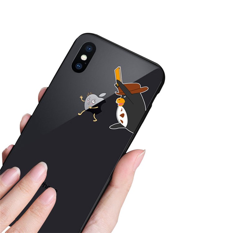 NXE Happy Series TPU Pattern Printing Glass Hybrid Case for iPhone XS 5.8 inch - Running Penguin-3