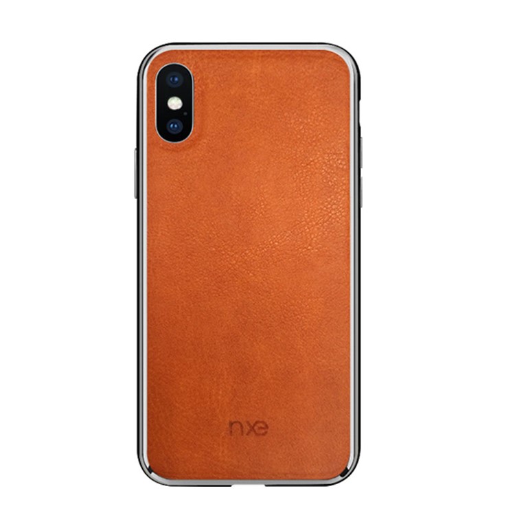 NXE Texturizado Couro Genuíno Revestido Shell Do Telefone Móvel Do PC Para O Iphone XS Max 6,5 Polegadas - Castanho-1