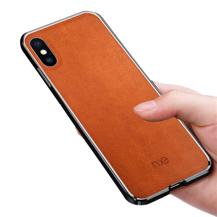 NXE Texturizado Couro Genuíno Revestido Shell Do Telefone Móvel Do PC Para O Iphone XS Max 6,5 Polegadas - Castanho-2