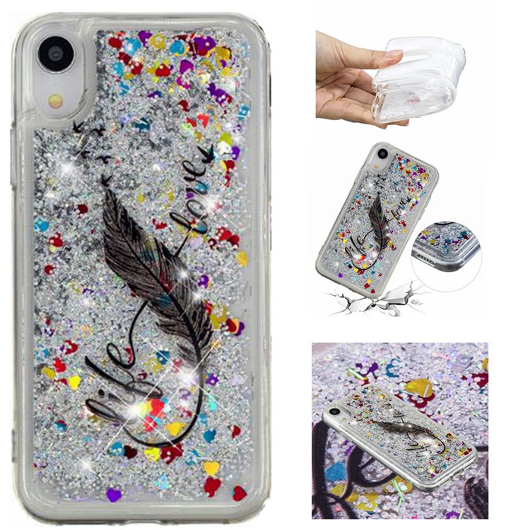 

Liquid Glitter Powder Quicksand Pattern Printing Surface TPU Back Cover for iPhone XR 6.1 inch - Black Feather, iPhone XR