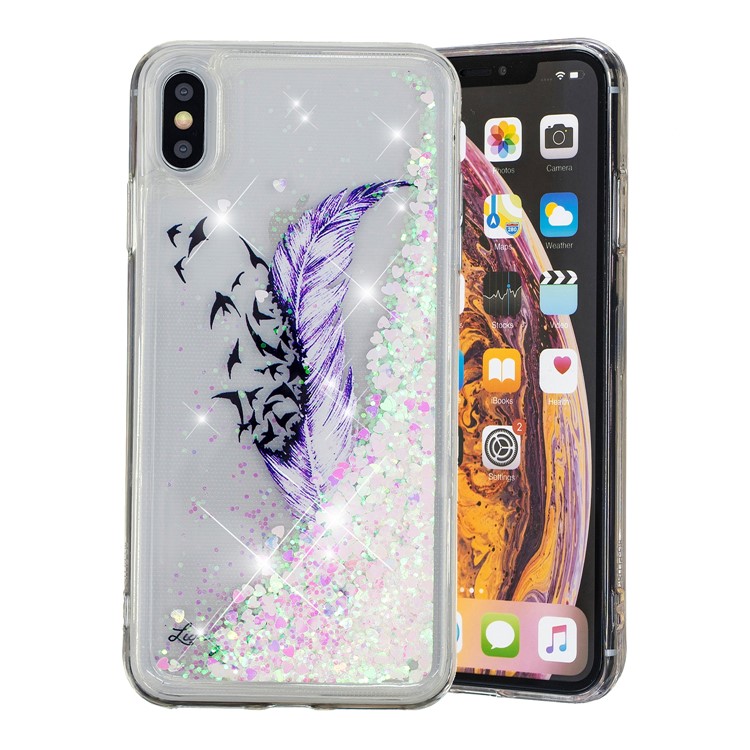 Liquid Glitter Powder Quicksand Inside Pattern Printing Shockproof TPU Case for iPhone XS Max 6.5 inch - Purple Feather and Birds-2