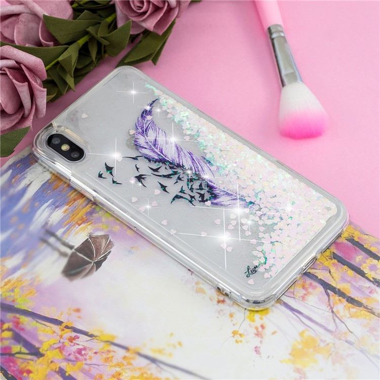 Liquid Glitter Powder Quicksand Inside Pattern Printing Shockproof TPU Case for iPhone XS Max 6.5 inch - Purple Feather and Birds-8