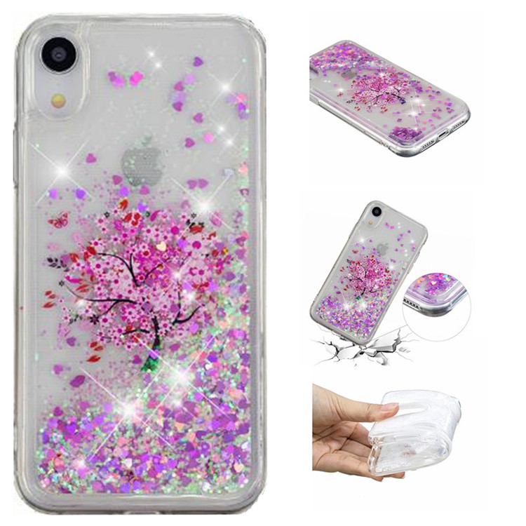 La Paillette Dynamique De Poudre De Paillettes A Modelé La Caisse Mobile De TPU Pour L'iphone XR 6,1 Pouces - Arbre Avec Fleur Rose-1