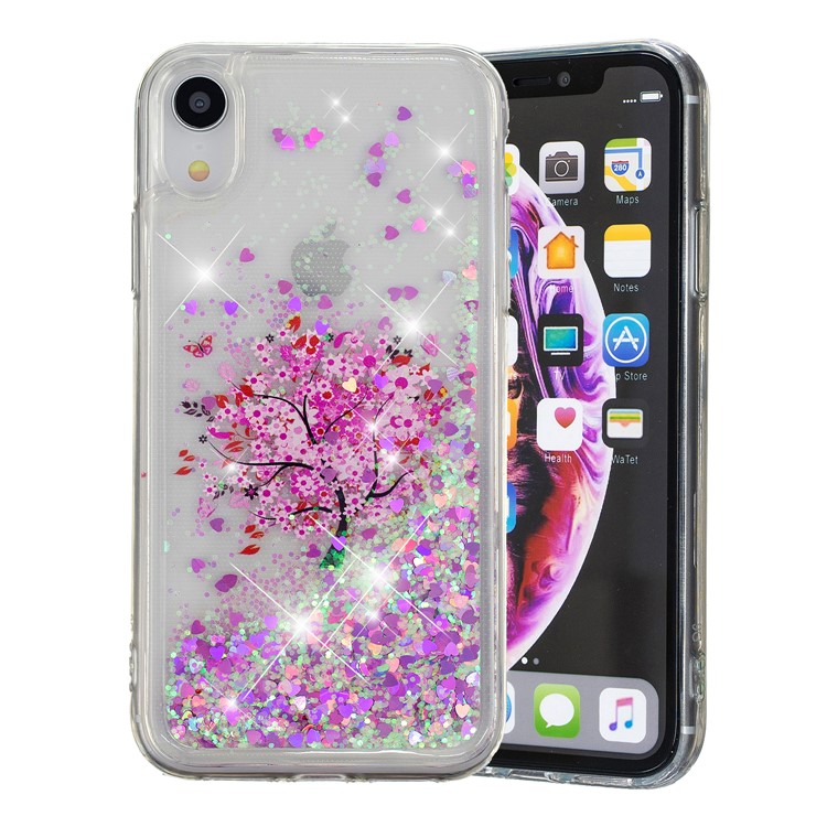 La Paillette Dynamique De Poudre De Paillettes A Modelé La Caisse Mobile De TPU Pour L'iphone XR 6,1 Pouces - Arbre Avec Fleur Rose-2