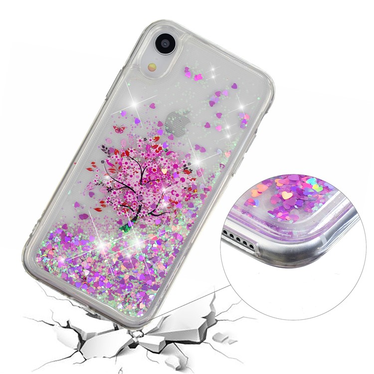 La Paillette Dynamique De Poudre De Paillettes A Modelé La Caisse Mobile De TPU Pour L'iphone XR 6,1 Pouces - Arbre Avec Fleur Rose-3