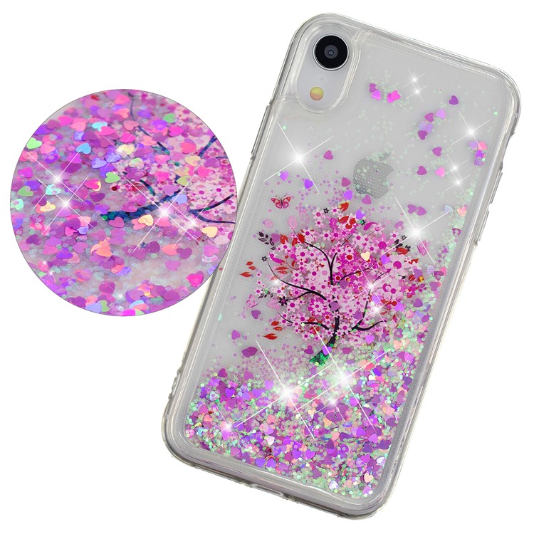 La Paillette Dynamique De Poudre De Paillettes A Modelé La Caisse Mobile De TPU Pour L'iphone XR 6,1 Pouces - Arbre Avec Fleur Rose-4