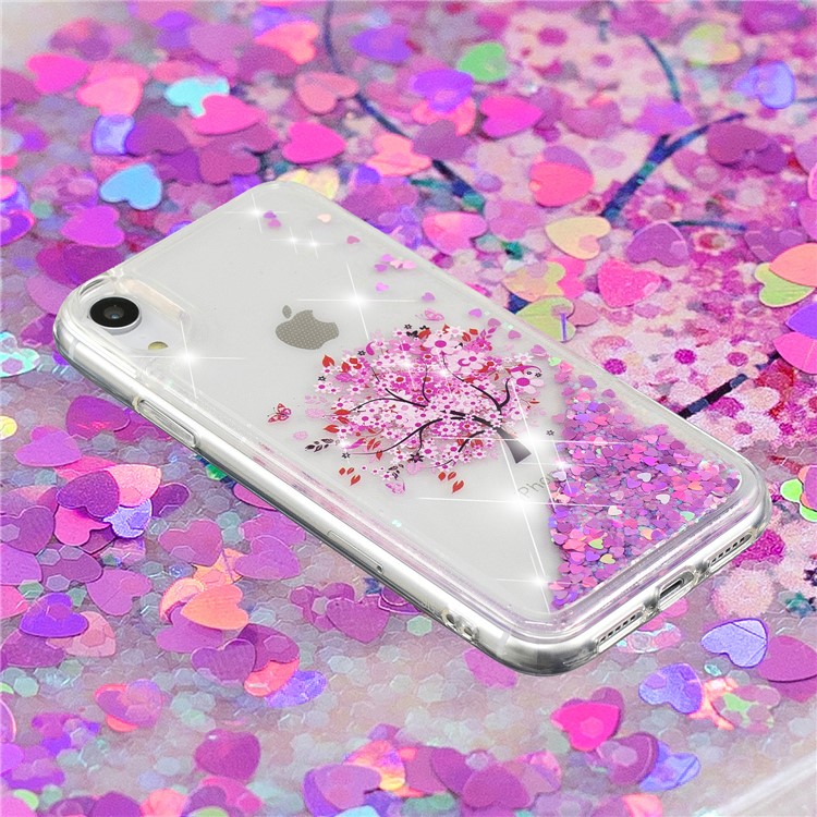 La Paillette Dynamique De Poudre De Paillettes A Modelé La Caisse Mobile De TPU Pour L'iphone XR 6,1 Pouces - Arbre Avec Fleur Rose-5
