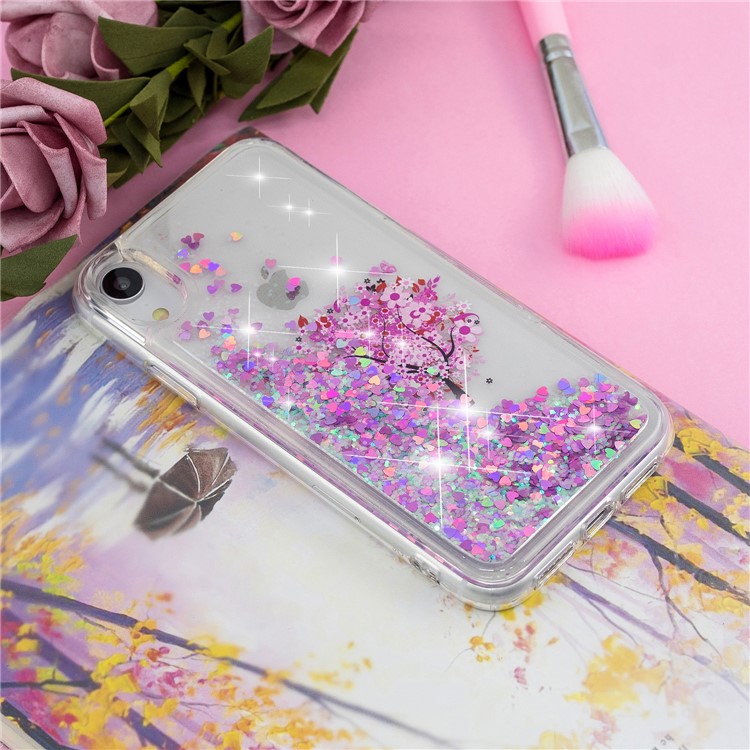 La Paillette Dynamique De Poudre De Paillettes A Modelé La Caisse Mobile De TPU Pour L'iphone XR 6,1 Pouces - Arbre Avec Fleur Rose-8