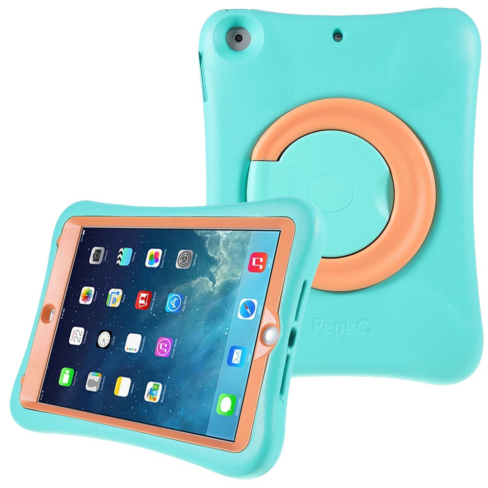PEPKOO Cool EVA Shockproof Case with 360 Degree Rotary Kickstand for iPad 9.7-inch (2018) / (2017) - Mint Green / Orange