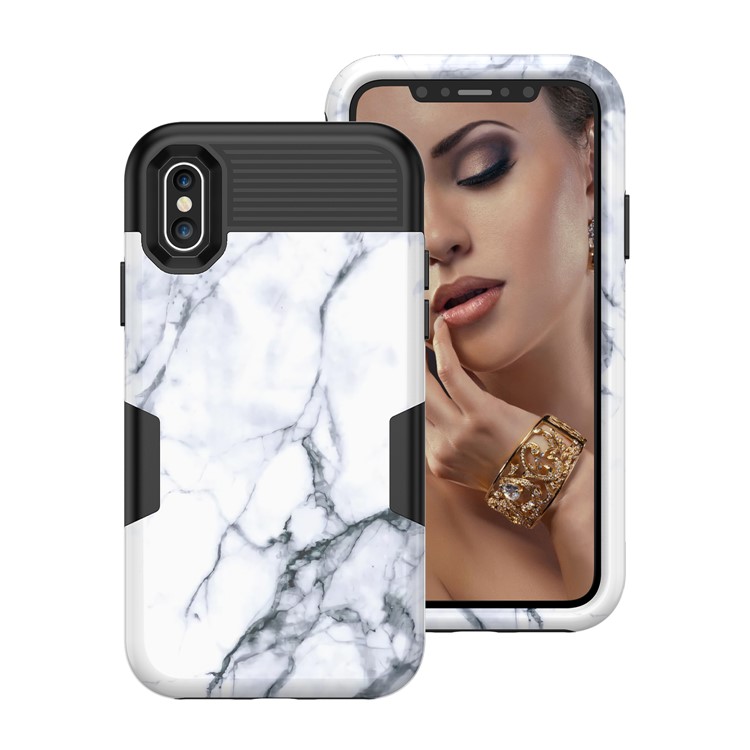 White Marble Pattern 3 in 1 Shockproof Case PC Silicone Hybrid Cover for iPhone XS 5.8 inch - Black-2