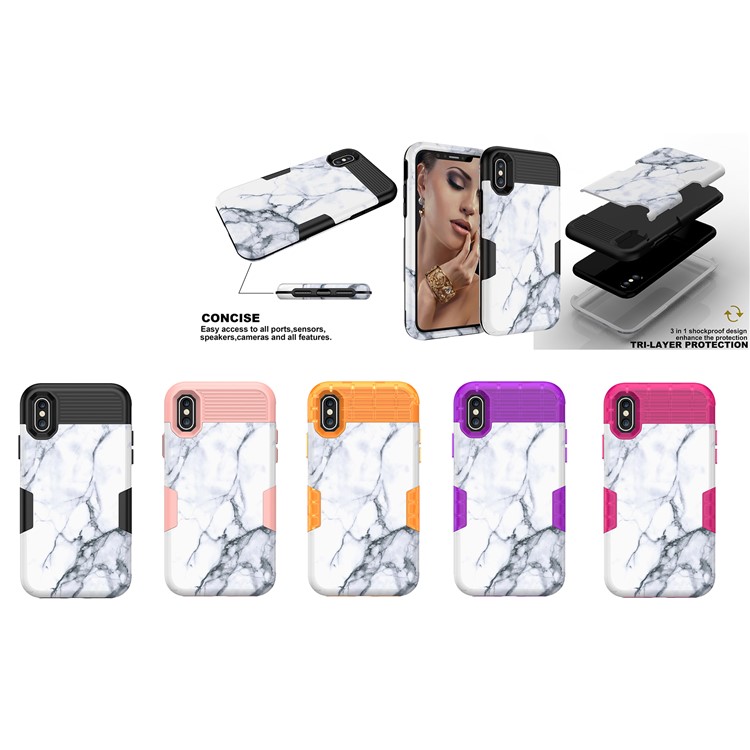 White Marble Pattern 3 in 1 Shockproof Case PC Silicone Hybrid Cover for iPhone XS 5.8 inch - Black-9