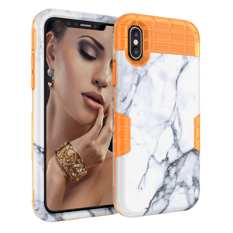 

White Marble Pattern PC Silicone Hybrid Drop-proof Mobile Casing for iPhone XS 5.8 inch - Orange, iPhone Xs