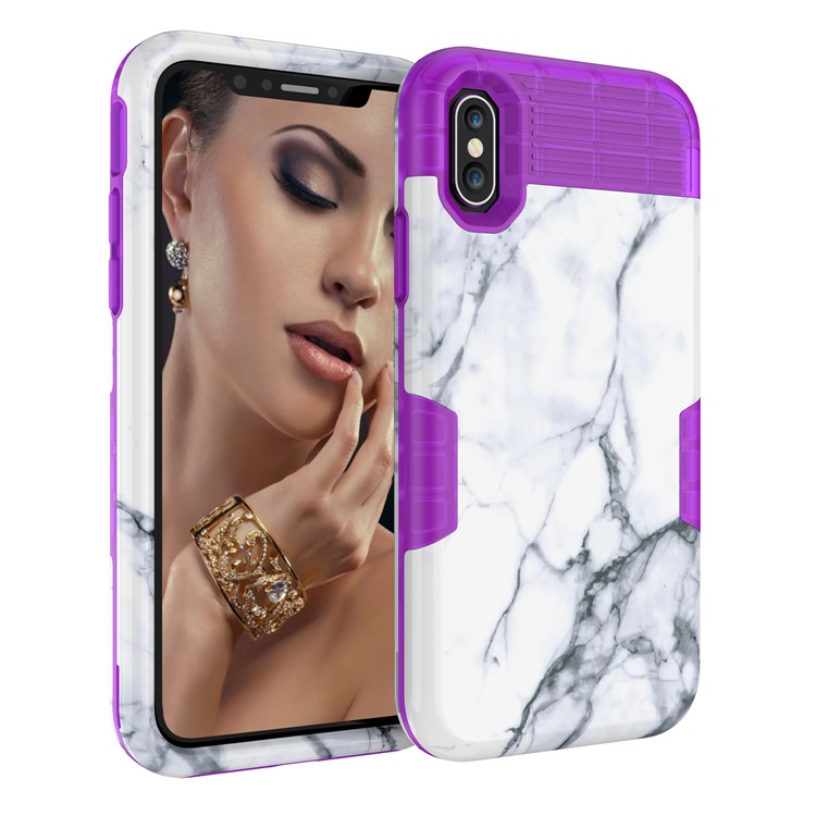 

3-Piece PC Silicone Combo Cell Phone Case [Shockproof] [White Marble Pattern] for iPhone XS 5.8 inch - Purple, iPhone Xs