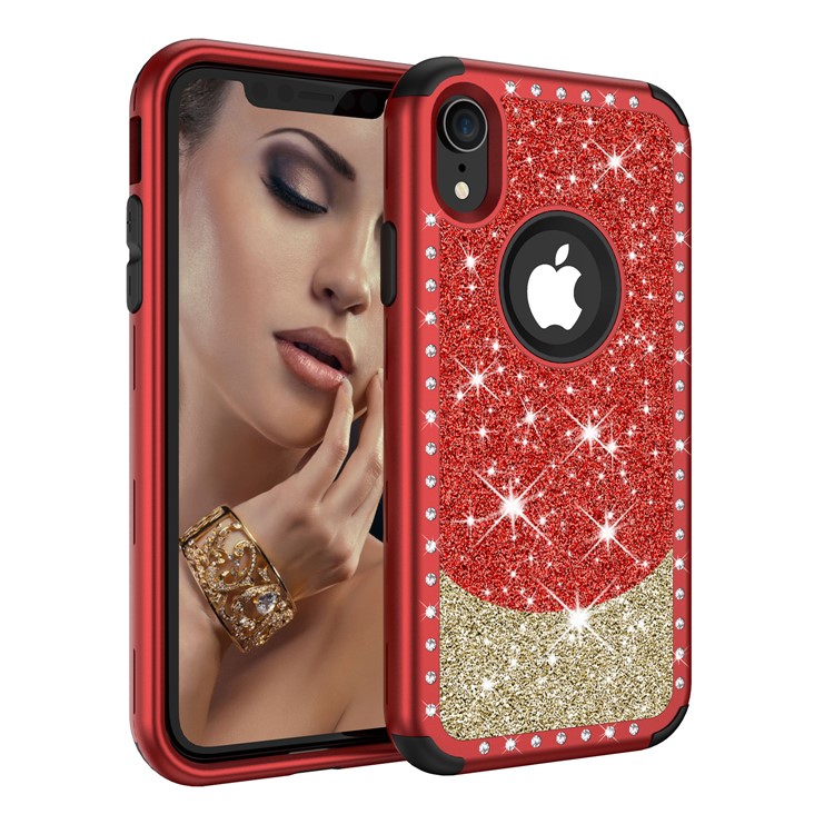 

Крышка Телефона 3-в-1 Для Iphone XR 6.1-дюймовый [алмазный] Флеш-порошок ПК Силиконовый Чехол - Красный / Золото, iPhone XR