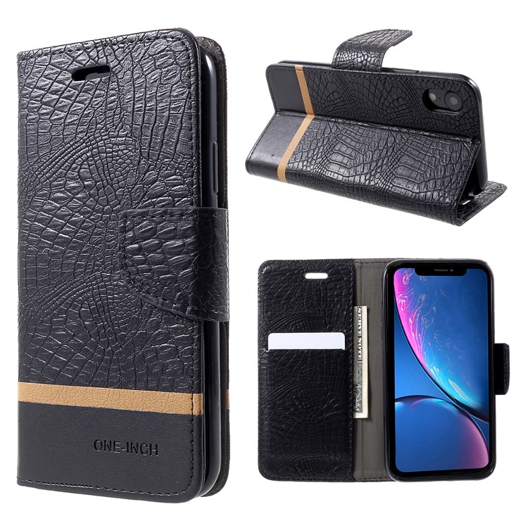 

Крокодиловая Текстура Сращивания PU Кожаный Кошелек Защитный Чехол Для Iphone XR 6.1 Inch - Черный, iPhone XR
