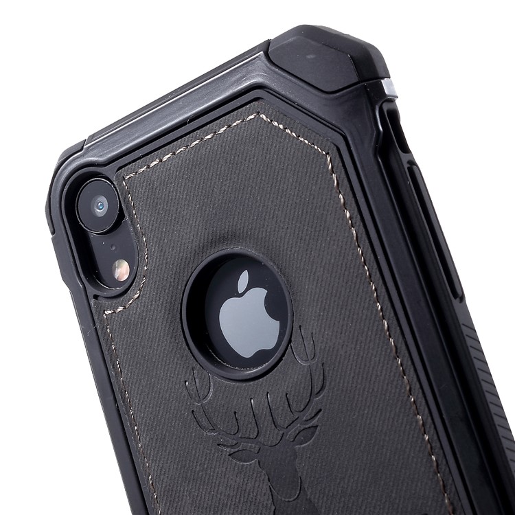 PC TPU Shockproof Case for iPhone XR 6.1 inch / Jeans Texture Leather Coated / Imprint Deer and Quote - Black-4