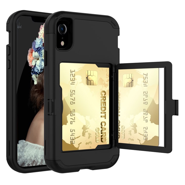 

Shockproof PC Silicone Hybrid Card Slot Cover with Mirror for iPhone XR 6.1 inch - Black, iPhone XR