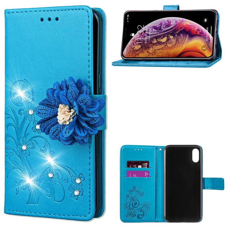 

For iPhone XR 6.1 inch Rhinestone Decor Imprint 3D Flower Leather Phone Casing with Stand Wallet - Blue