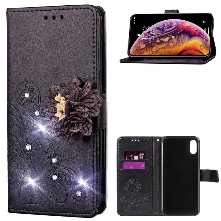 Rhinestone Decor Imprint 3D Flower Leather Wallet Case for iPhone XS / X 5.8 inch - Black-1