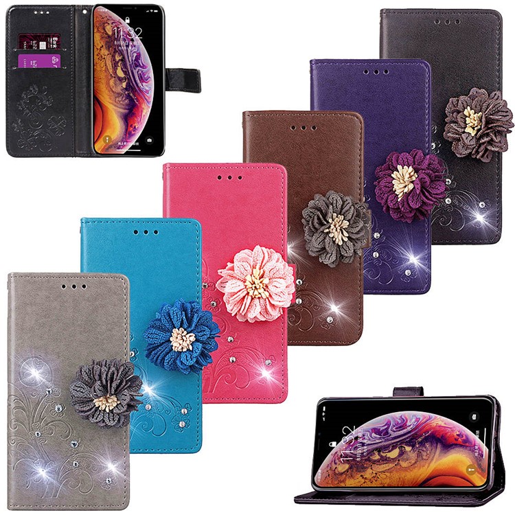 Rhinestone Decor Imprint 3D Flower Leather Wallet Case for iPhone XS / X 5.8 inch - Black-10