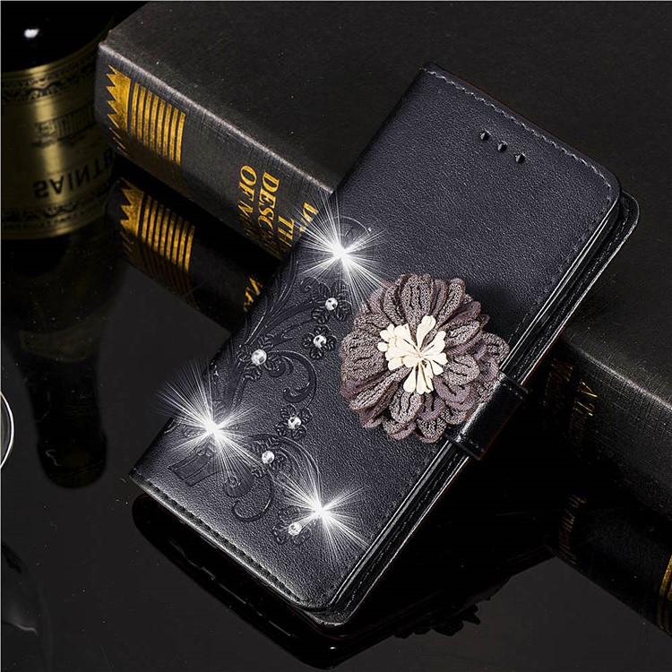 Rhinestone Decor Imprint 3D Flower Leather Wallet Case for iPhone XS / X 5.8 inch - Black-9