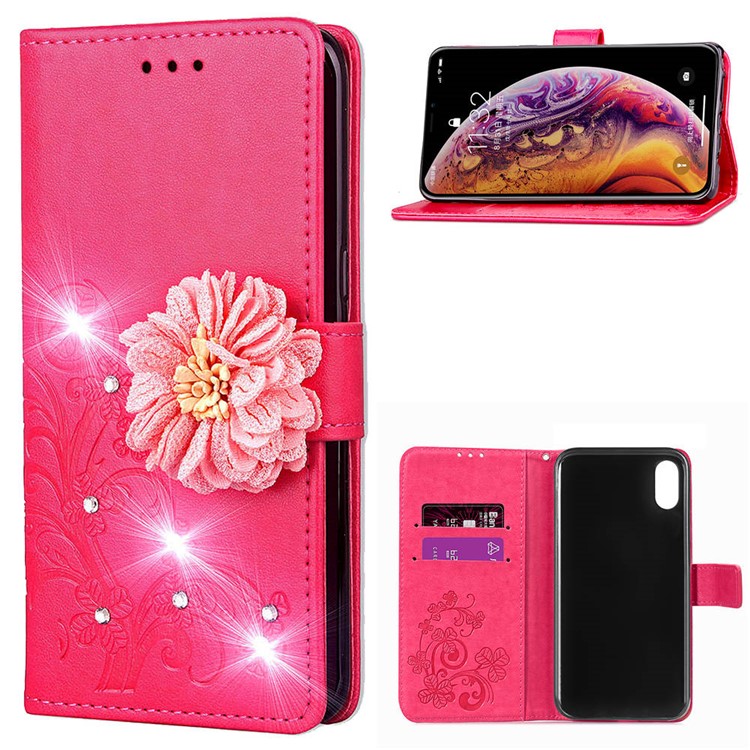 

Rhinestone Decor Imprint 3D Flower Leather Flip Shell for iPhone XS / X 5.8 inch - Rose