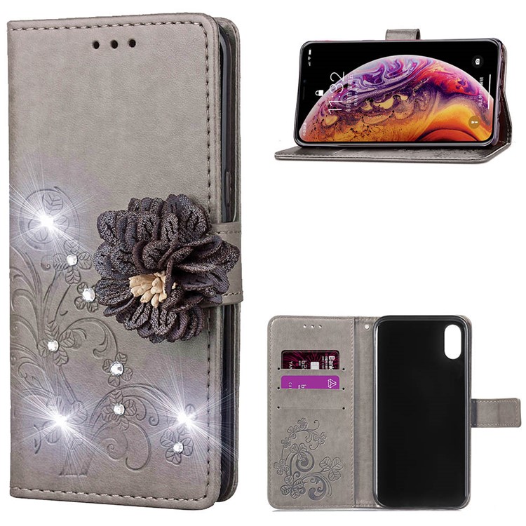 

Rhinestone Decor Imprint 3D Flower PU Leather Cover with Stand for iPhone XS Max 6.5 inch - Grey